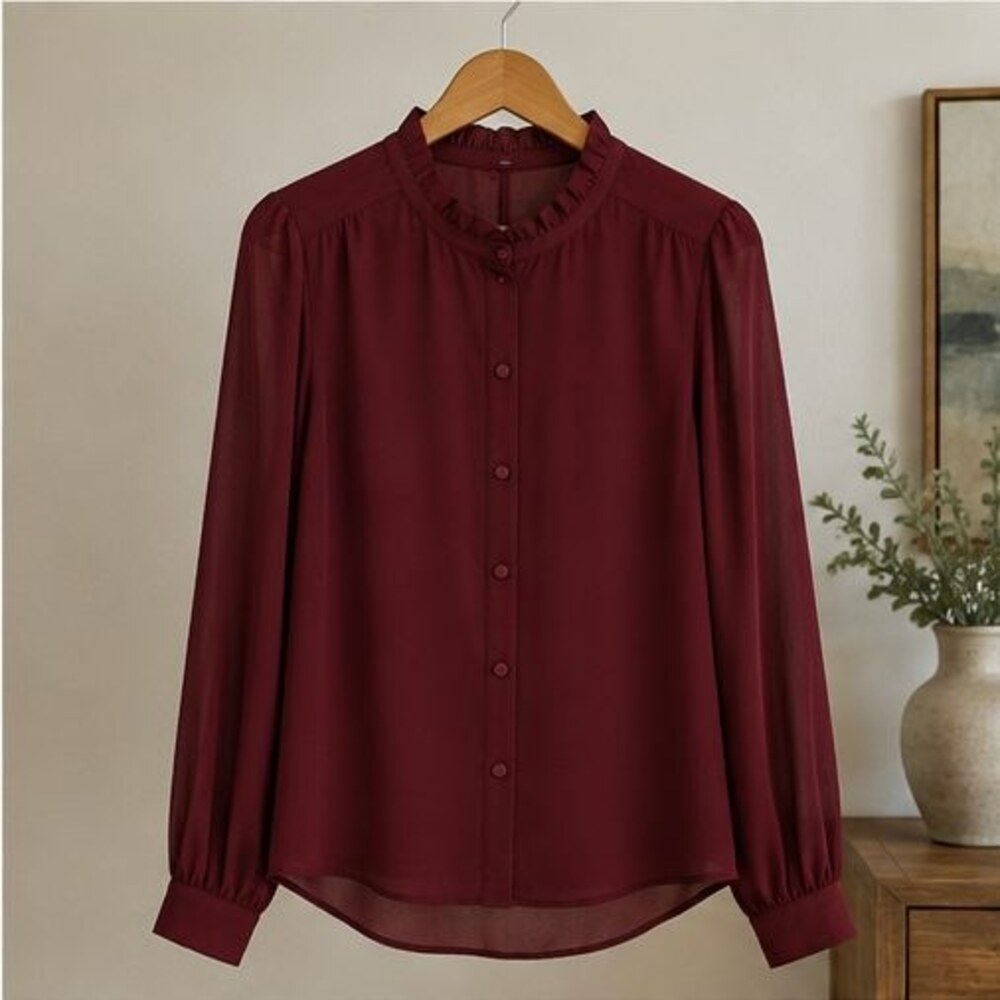 Wine Ruffle Collar Blouse